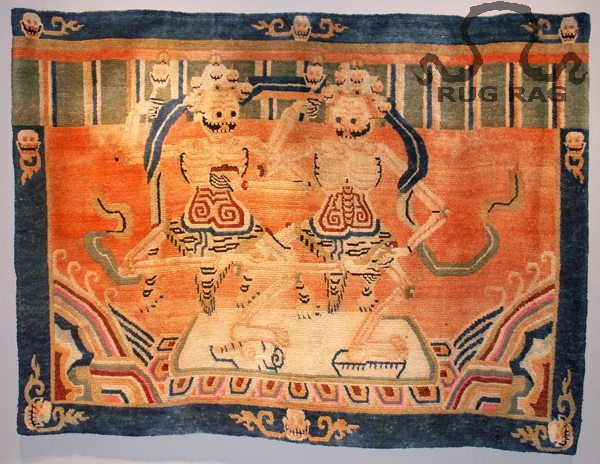Rug 10: Antique Tantric Rug, Dancing Skeletons, Orange Himalayas Carpet