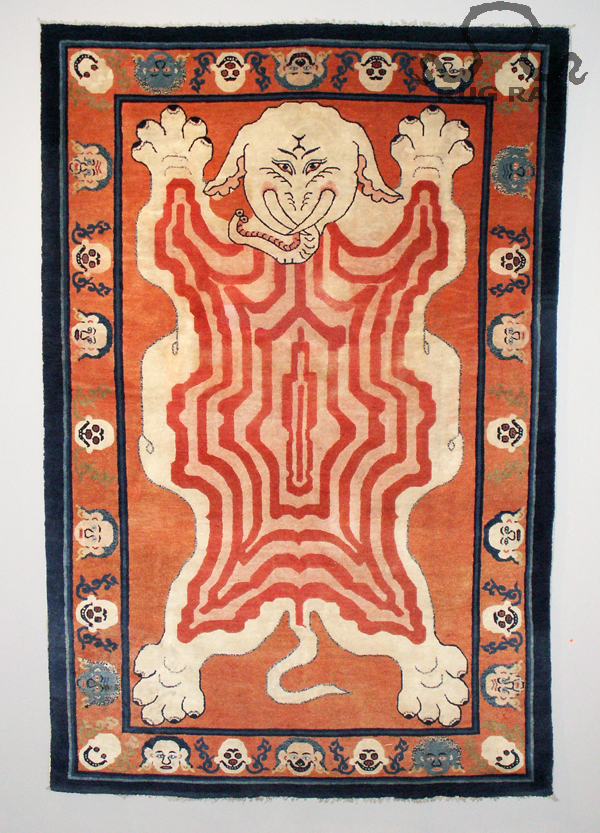 Rug 11: Antique Tantric Rug, Flayed Elephant, Himalayas Carpet, Orange Ground