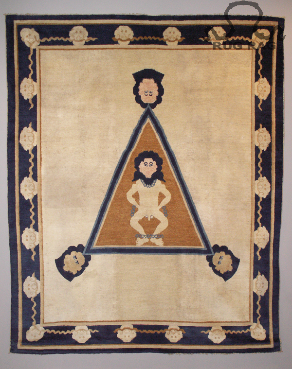Rug 7: Anitque Tantric Rug, Male Effigy, Triangle with Heads on Ivory